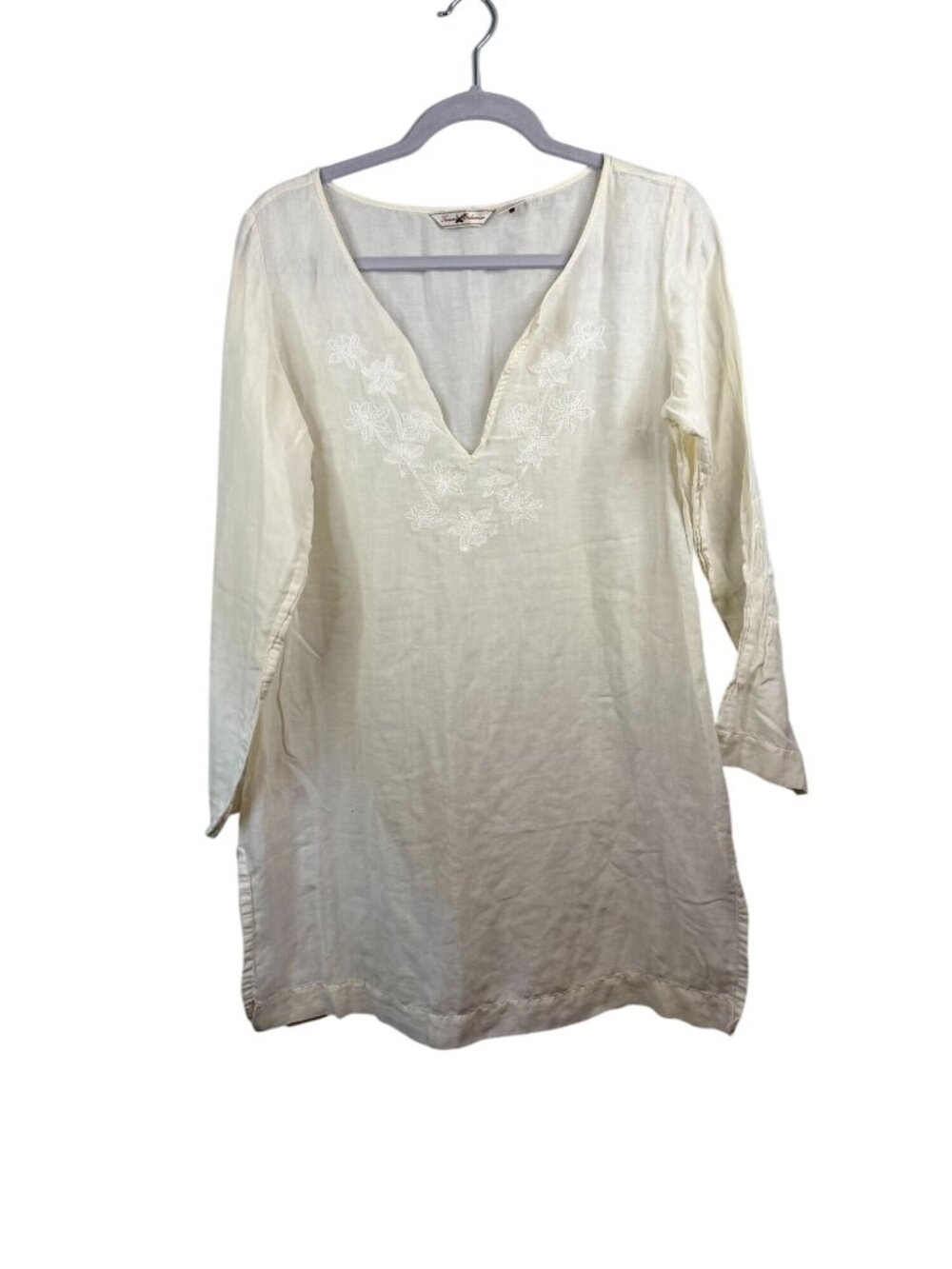 Tommy Bahama Womens Cream Tunic With Embroidered V-Neck Cotton Silk Blend M